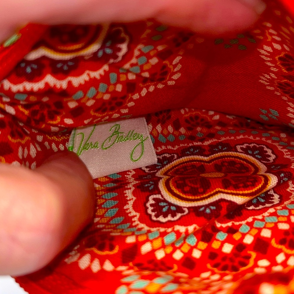 Vera Bradley bowtie crossbody. Orange,teal vinyl. Zips each end. 8.5x5” EUC  tag - Picture 7 of 9